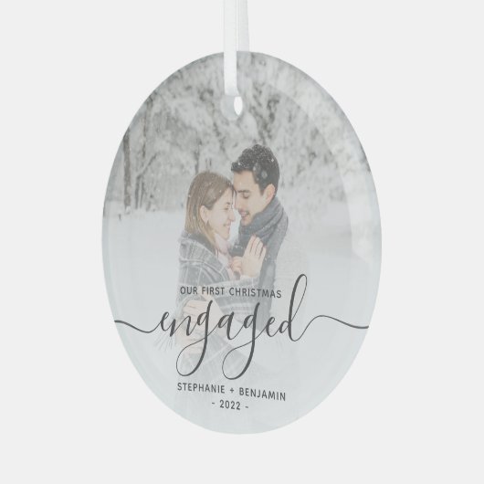 kerstcadeaucode aangepast foto grijs script glas ornament (Voorkant links)