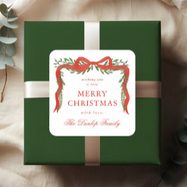 Kerstcadeaukaartjes met rode lintboog en groen vierkante sticker