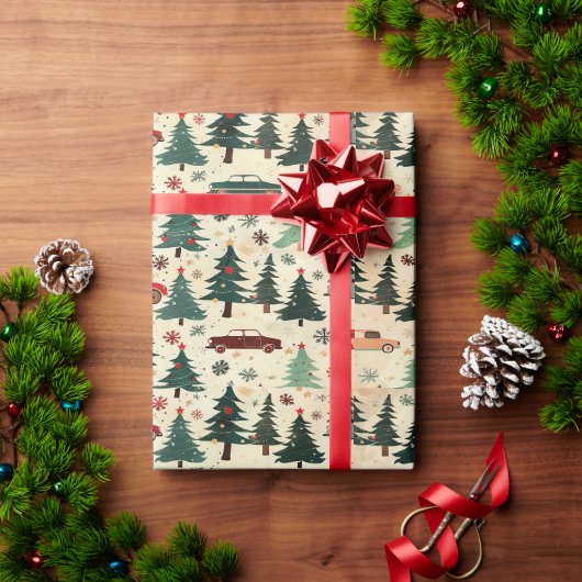 Kerstcadeaupapier met bomen en auto's cadeaupapier (Feestdagen Geschenken)