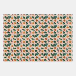 Kerstcadeaupapier met fruit en hulst, roze inpakpapier vel