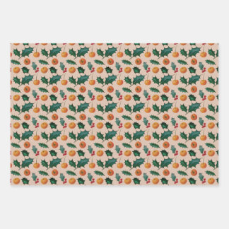 Kerstcadeaupapier met fruit en hulst, roze inpakpapier vel