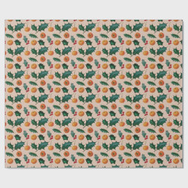 Kerstcadeaupapier met fruit & hulst, roze cadeaupapier