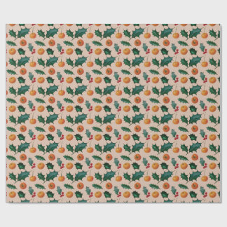 Kerstcadeaupapier met fruit & hulst, roze cadeaupapier