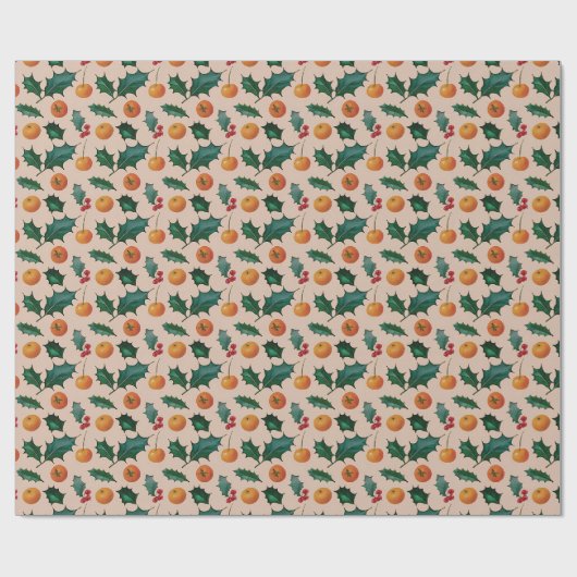 Kerstcadeaupapier met fruit & hulst, roze cadeaupapier (Vlak)
