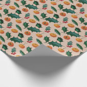 Kerstcadeaupapier met fruit & hulst, roze cadeaupapier (Hoek)