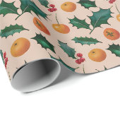 Kerstcadeaupapier met fruit & hulst, roze cadeaupapier (Rol Hoek)