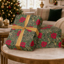 Kerstcadeaupapier met rode poinsettia's in vintage