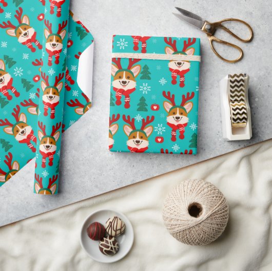 Kerstcadeaupapier met schattige Corgi-rendieren Cadeaupapier (Crafts)