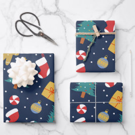 Kerstcadeaupapier met speelse kersticonen inpakpapier vel