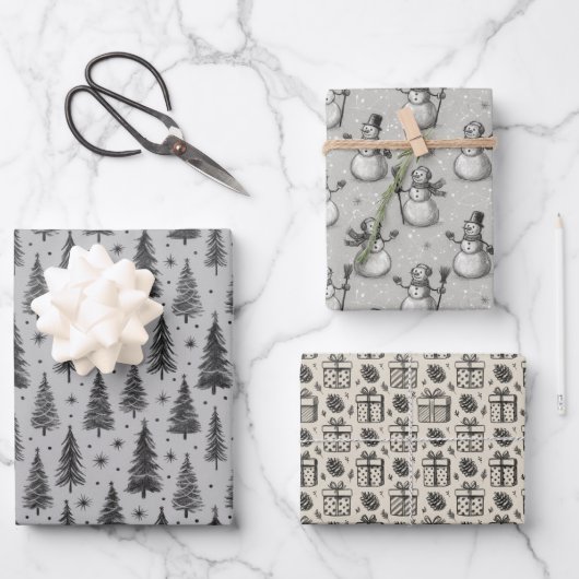 Kerstcadeaupapier Set van 3 Ontwerpen Inpakpapier Vel (Voorkant)