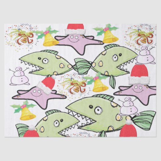 kerstcadeaupapier Shark Fish Snowman Tissuepapier (Voorkant)