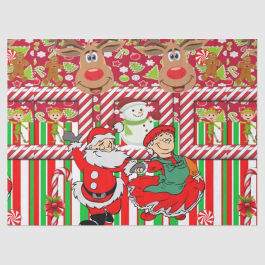 kerstcadeaupapier Snowman Santa Mrs Claus Tissuepapier (Voorkant)
