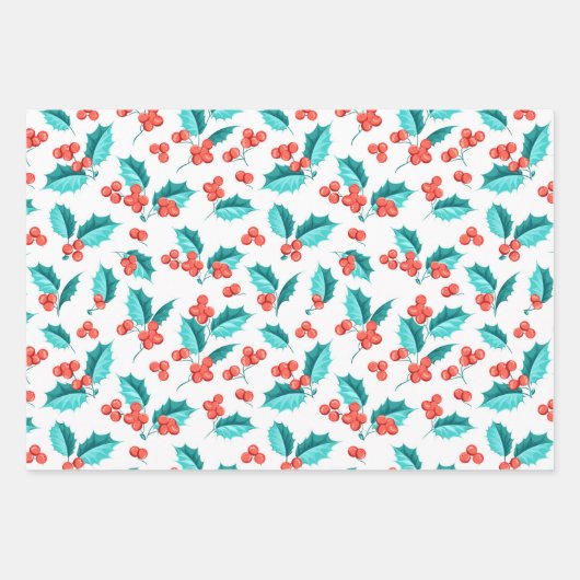 kerstcadeaupapierverzameling Holly Berries - 3 Inpakpapier Vel (Voorkant)