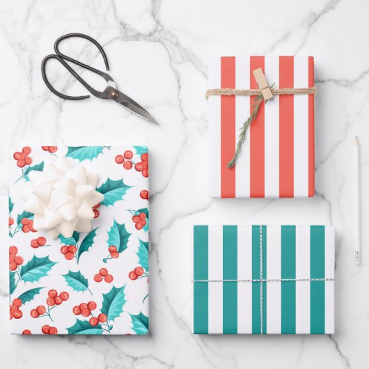 kerstcadeaupapierverzameling Holly Berries - 3 Inpakpapier Vel (Voorkant)