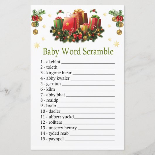 Kerstcadeaus Baby-woordscramble (Voorkant)