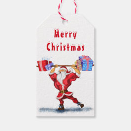 kerstcadeaus Bodybuilder kerstman met cadeaus Cadeaulabel