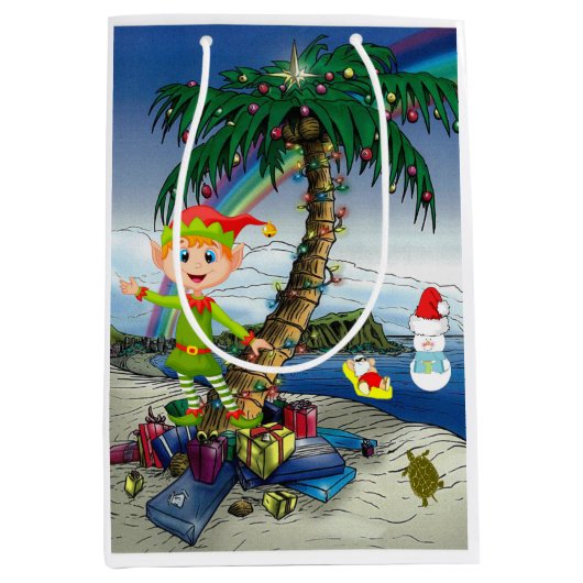 kerstcadeaus Elf, Beach Bum Santa Medium Cadeauzakje (Voorkant)