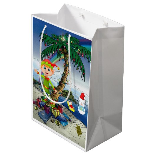 kerstcadeaus Elf, Beach Bum Santa Medium Cadeauzakje (Achterkant Gekanteld)