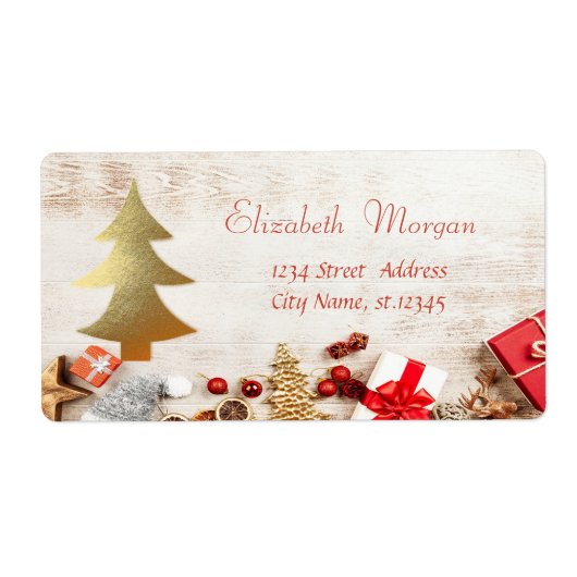 Kerstcadeaus, gouden boom, houtstructuur etiket (Voorkant)
