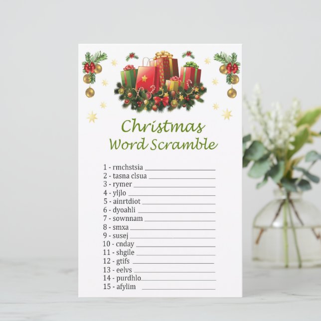 Kerstcadeaus Kerstmis woord scramble spel (Staand voorkant)