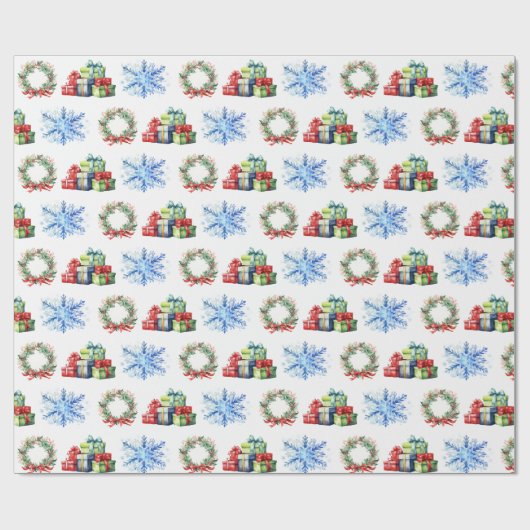 Kerstcadeaus, kransen en sneeuwvlokken cadeaupapier (Vlak)