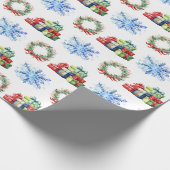 Kerstcadeaus, kransen en sneeuwvlokken cadeaupapier (Hoek)