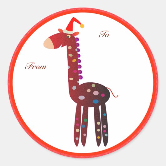 Kerstcadeaus Labels: Rode Giraffe Ronde Sticker (Voorkant)