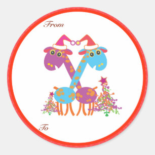 Kerstcadeaus Labels: twee Giraffes Ronde Sticker
