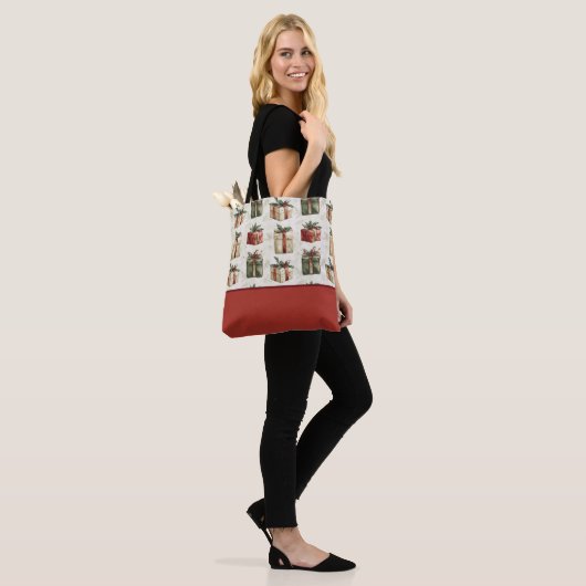  kerstcadeaus met linten, kleurenblok tote bag (Op model)