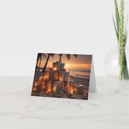 Kerstcadeaus op het strand in de schemering feestdagen kaart