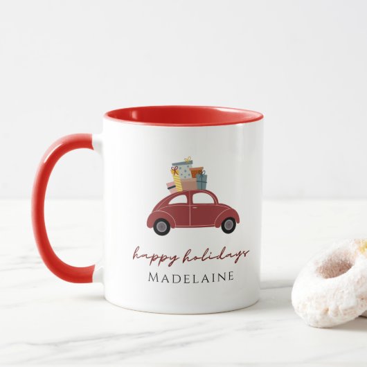 kerstcadeaus Red Car Jouw naam Prettige feestdagen Mok (Met donut)