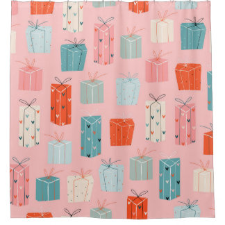 Kerstcadeaus, roze achtergrond,  patroon. douchegordijn