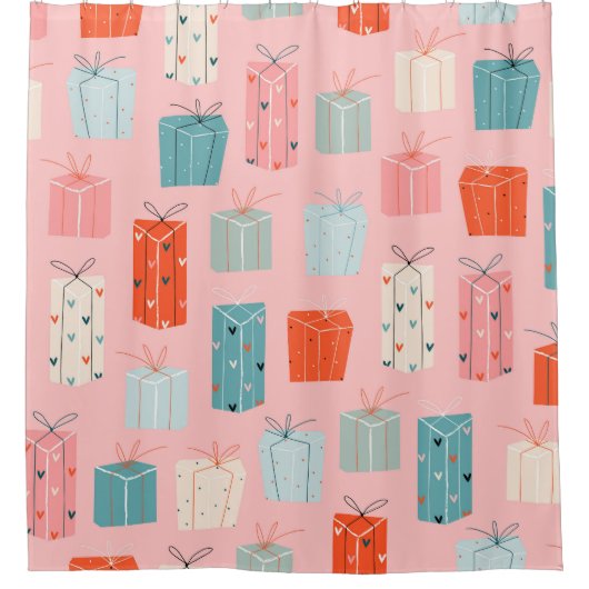 Kerstcadeaus, roze achtergrond, patroon. douchegordijn (Voorkant)
