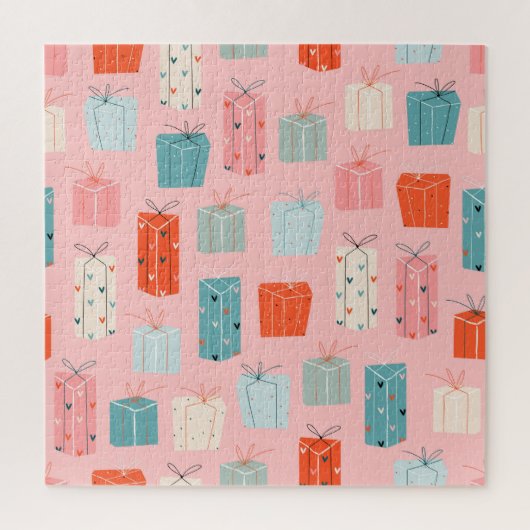 Kerstcadeaus, roze achtergrond, patroon. legpuzzel (Verticaal)