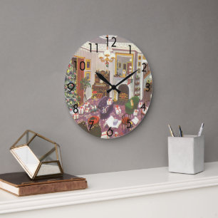 Kerstcadeaus verpakt in de woonkamer grote klok