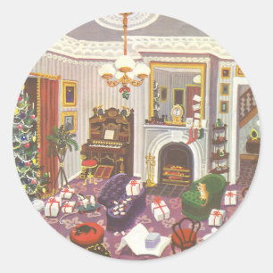 Kerstcadeaus verpakt in de woonkamer in vintage st ronde sticker