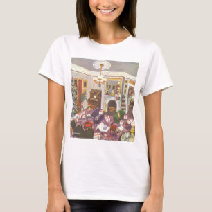 Kerstcadeaus verpakt in de woonkamer in vintage st t-shirt