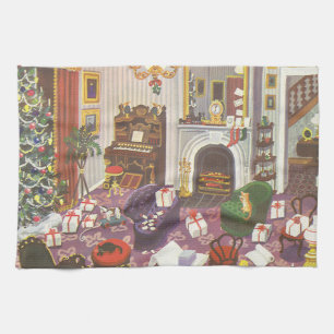 Kerstcadeaus verpakt in de woonkamer in vintage st theedoek