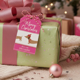 Kerstcadeautag Dachshund Gepersonaliseerd Roze Cadeaulabel