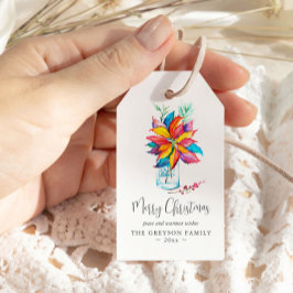 Kerstcadeautags Kleurrijke Waterverf Poinsettia Cadeaulabel