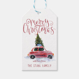 Kerstcadeautags - Vintage rode auto Cadeaulabel