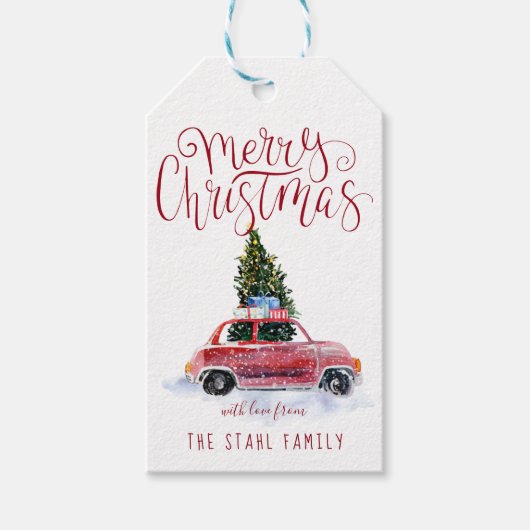 Kerstcadeautags - Vintage rode auto Cadeaulabel (Voorkant)