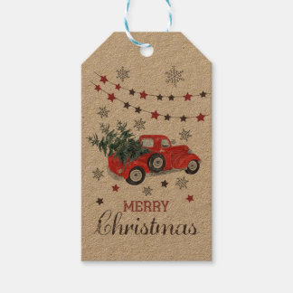 Kerstcadeautags - Vintage rode vrachtwagen en boom Cadeaulabel