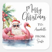 Kerstcadeautagsticker Santa-strand Vierkante Sticker (Voorkant)