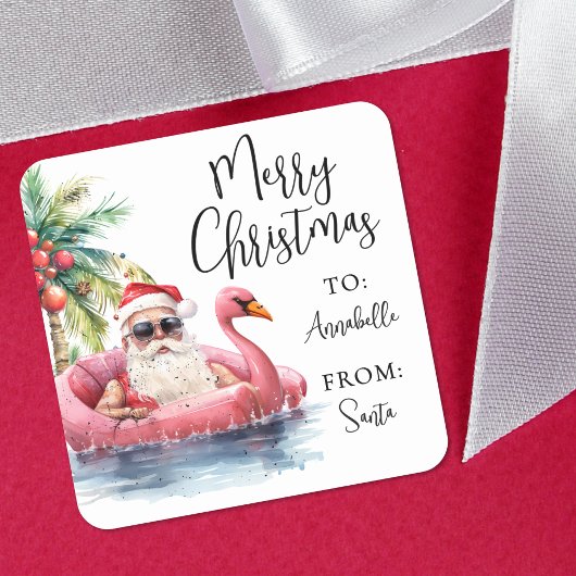 Kerstcadeautagsticker Santa-strand Vierkante Sticker