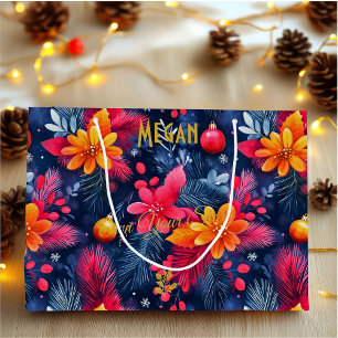 Kerstcadeautas met levendige flora extra groot cadeauzakje