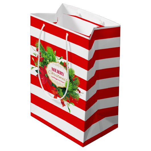 Kerstcadeautas met rode strepen medium cadeauzakje (Achterkant Gekanteld)