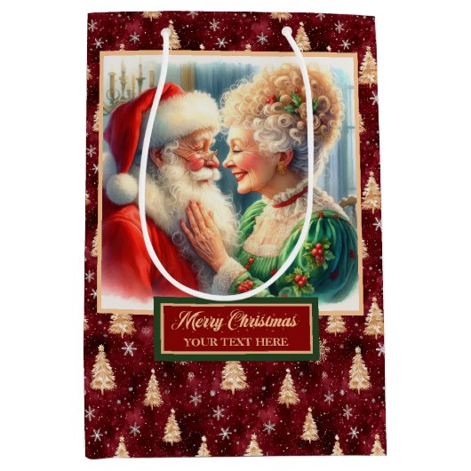 Kerstcadeautas Santa & Mrs Claus Waterverf Medium Cadeauzakje (Voorkant)