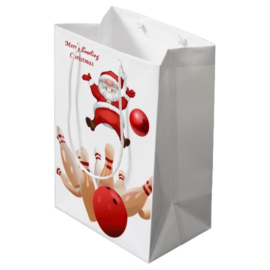 Kerstcadeautassen Santa Bowling Medium Cadeauzakje (Achterkant Gekanteld)