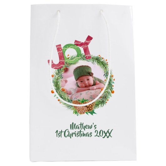 Kerstcadeautentas voor baby's 1e kerst foto-herinn medium cadeauzakje (Voorkant)